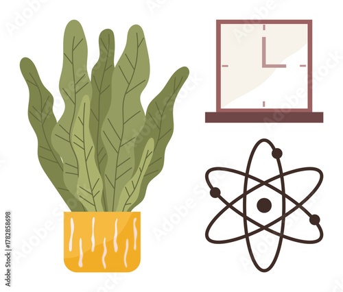 Potted plant symbolizing growth and environment, wall clock representing time, and an atom for science. Ideal for education, ecology, biology, innovation, research, sustainability and concepts of