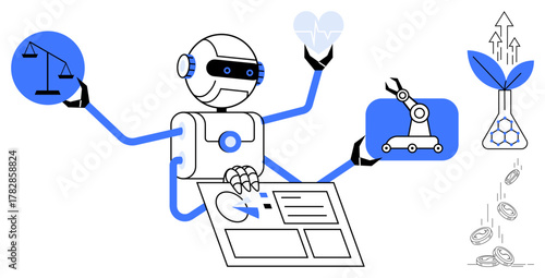 Anthropomorphic robot analyzing data charts while managing health, legal scales, automation, sustainability, and financial growth. Ideal for AI, technology, business, future trends innovation