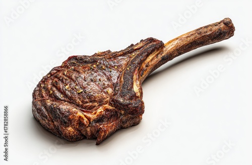 Bone-in ribeye steak, seared, resting on a white background