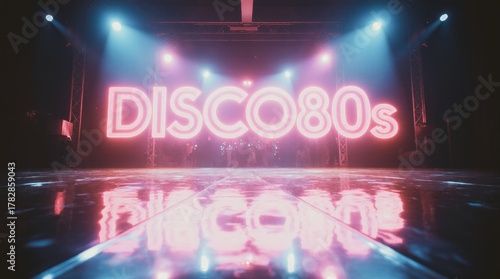 Neon disco 80s sign illuminating a vibrant dance floor with reflections and colorful lights