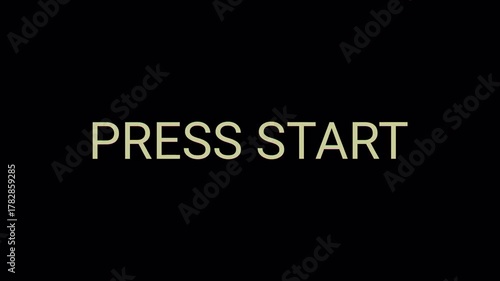 Press Start Text Glitch Animation: Distorted Digital RGB VHS Effect Resolves on Black Screen, Retro Gaming Loop Motion Graphic