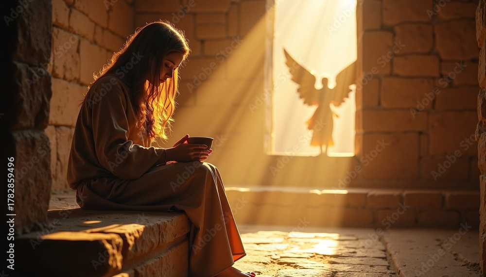 Fototapeta premium Scene from the Bible shows young woman sitting by window, with sunlight streaming in, and angel with wings. Scene depicts religious moment, with contemplative mood.