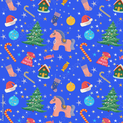 Pattern with a cute stylized horse, Christmas tree, gift socks, fairytale house, candies, Christmas tree ball, Santa's bag, Santa's hat for wrapping paper and textiles.