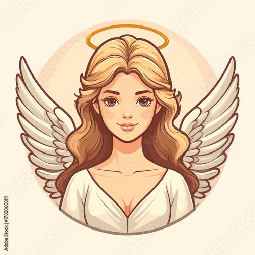 Beautiful woman angel character icon with golden halo and white wings, a divine celestial portrait illustration
