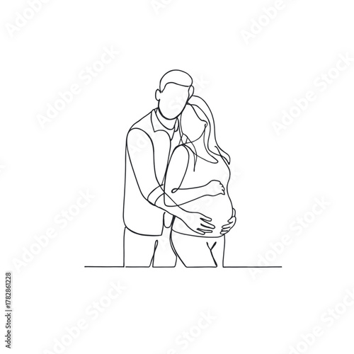 Delicate one-line illustration shows loving husband embracing pregnant wife, symbolizing new beginnings and cherished family bonds