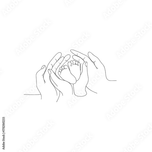 Delicate line art showcases tiny baby feet nestled lovingly in protective hands, conveying warmth, security, and tender care