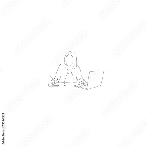 Elegant line art of a businesswoman multitasking with laptop and notebook, perfect for minimalist design and professional brands