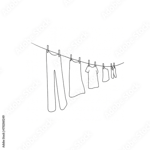 Line art drawing of clothes hanging on a clothesline, fresh laundry drying in wind, minimal style for home decor and lifestyle