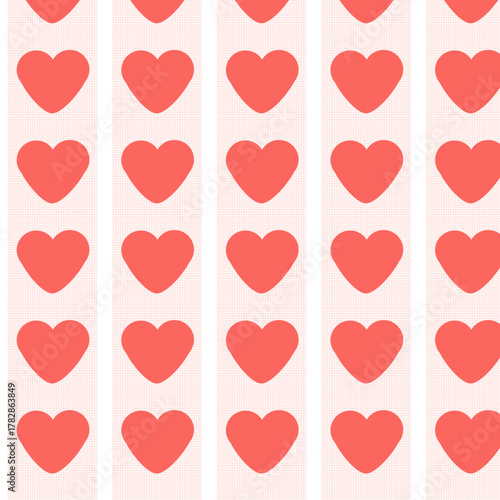 Pattern con colonne di cuori rossi su sfondo a quadretti rosa 