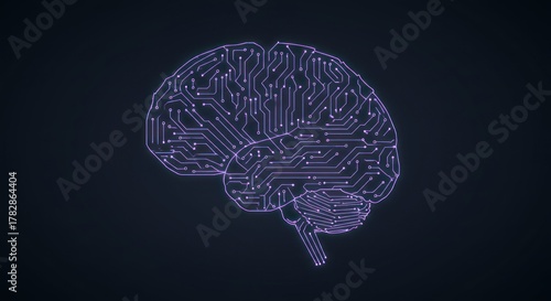 Digital brain illustration featuring a circuit board design with neon pink lines and connections.