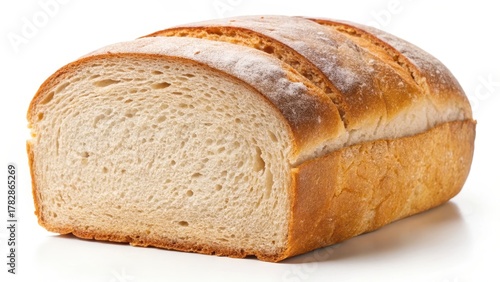 Cut loaf of bread isolated on white background