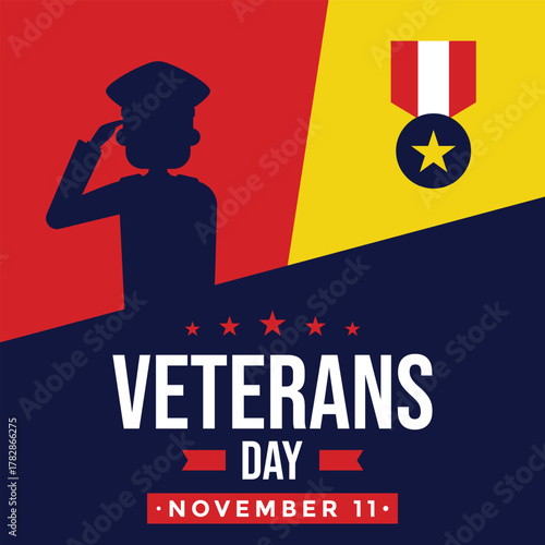 Stylized Veterans Day illustration with a saluting figure on red background, yellow medal icon, and bold typography suitable for digital ads, greetings, and social media posts.