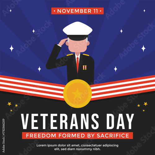 Patriotic Veterans Day illustration with a saluting officer in uniform, white hat, and medals against a radial blue background suitable for Veterans Day on November 11 and commemorative visuals.