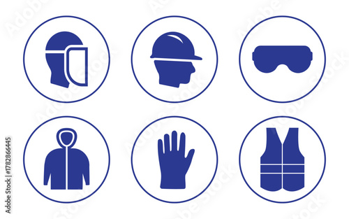 PPE icon set in circle- blue silhouette. Safety icons for workplace and industrial safety (Isolated) 