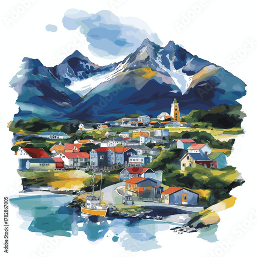 Ushuaia. Ushuaia hand drawn watercolor illustration