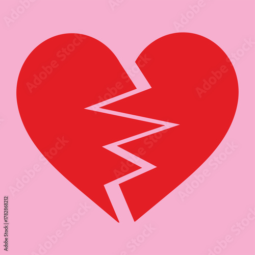 Red heart broken into two pieces vector illustration icon or logo, broken heart concept, breakup or divorce, heartbreak, regret, separated couple, tragic love. Broken red heart emoji. EPS 10.