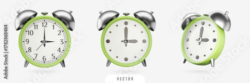 3D green alarm clock set. Realistic icons of retro timer with different clock faces. Vector design isolated on grey background for Time-management, Daylight savings time, business