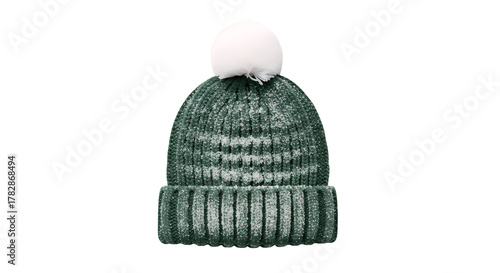 Cozy green knitted winter beanie with a fluffy white pompom. Warm and stylish headwear for cold weather,isolated on a clean transparent background