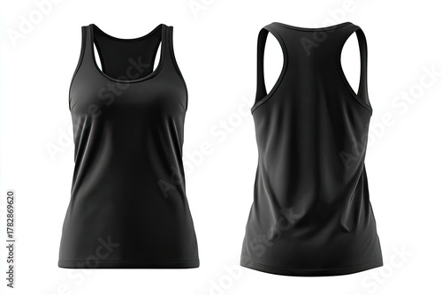 Black racerback tank top, front and back view on white
