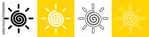 Set of sun icons in different variations. Vector illustration of simple and modern sun symbols with spiral centers and rays representing summer and warmth.