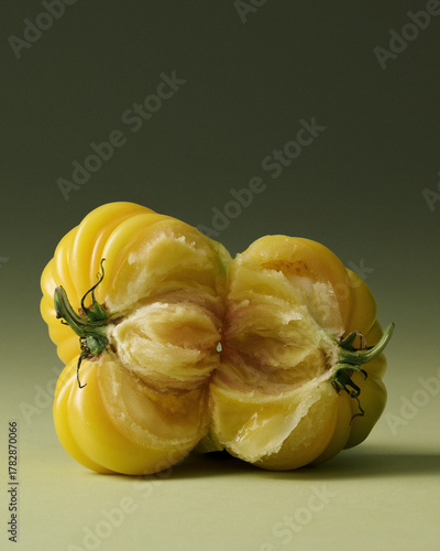 Yellow Heirloom Torn Tomatoes Painterly Still Life on Green Seamless background. Film grain