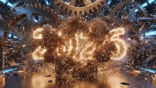 Time engine 2026, 3d mechanical gears countdown animation, glowing metal and golden energy explosion