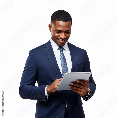 Man in suit holding digital tablet isolated on white background