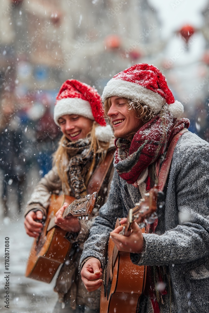 Obraz premium Couple of street performers in Santa hats strum guitars laughing amid heavy snowfall on city street with blurred lights. Joyful street serenade, snowy holiday caroling vibe.