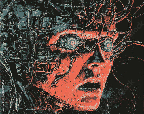 Futuristic portrait with intricate cybernetic details and glowing elements