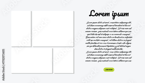 Bento grid style photo collage with 1:1 aspect ratio plus shadow effect and text placement