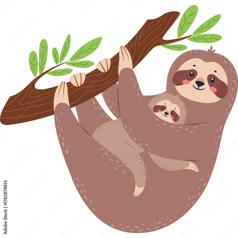 Naklejka premium Cute Mother And Baby Sloth Hanging On A Tree Branch With Green Leaves Against A Transparent Background And Soft Lighting Style