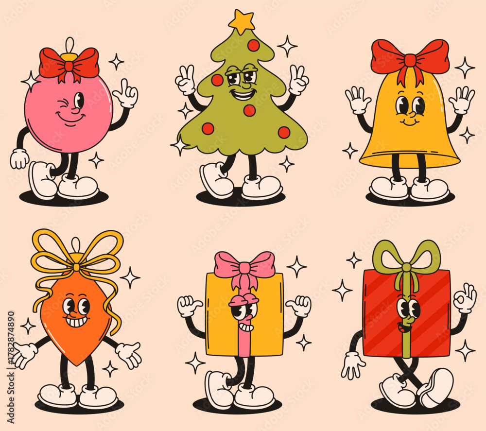Fototapeta premium Christmas mascots characters in retro groovy style.