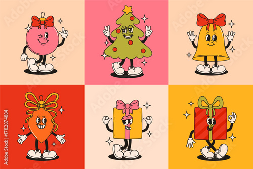Set of Christmas groovy characters in retro style.
