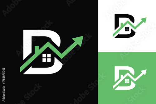 this is a flat logo design of an initial letter B in combination with a house and a graphic arrow heading up that looks clean in green and black color