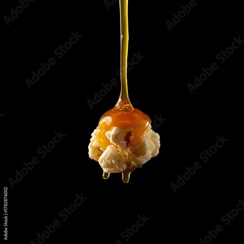 Caramel pouring on popcorn with splash isolated on black background