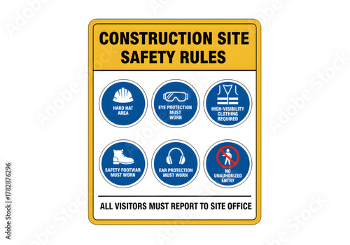 Construction Site Safety Rules Sign Yellow Mandatory PPE White PNG on Transparent Background