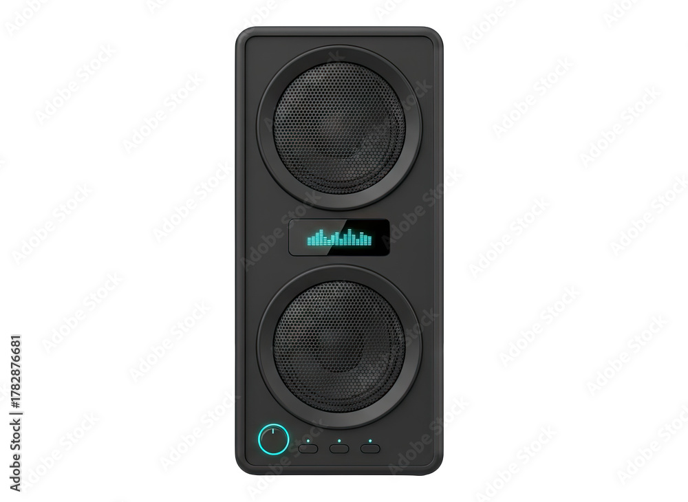 Fototapeta premium Modern Black Speaker System with Dual Mesh Grills and Blue LED Accent Lights Isolated on Transparent Background