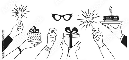 Set of hands holding holiday attributes, a sparkler, a gift, photo props, a dessert, and a candle. Handdrawn vector doodle illustration, line art