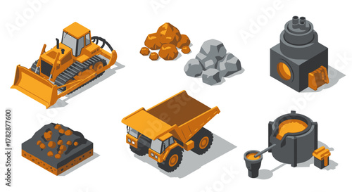 Mining and Metallurgy Isometric Icons Set Extraction and Processing