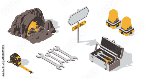 Mine Entrance with Tools and Caution Sign Isometric Illustration