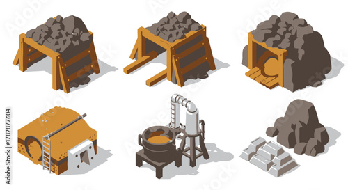 Isometric Mining and Smelting Illustration Set