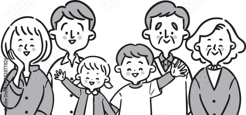 幸せな三世代家族　上半身　ベクター（モノクロ）
