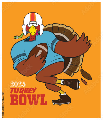 A cartoon turkey bird runs with a football.