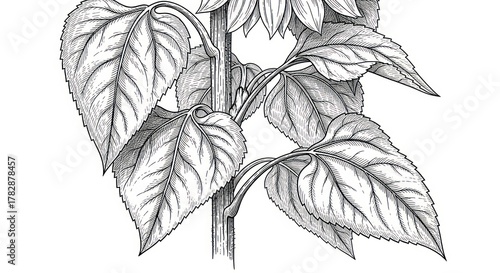 Detailed monochrome illustration of a sunflower stem with leaves and flower