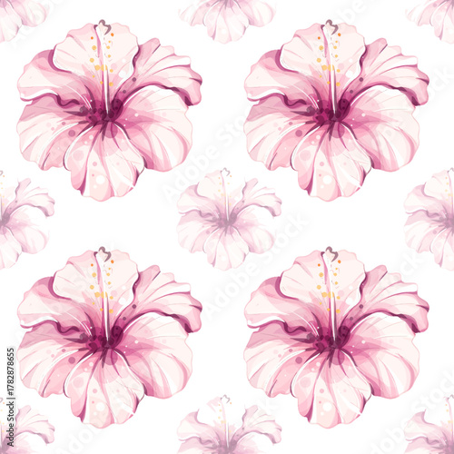 Vibrant summer seamless pattern featuring delicate pink hibiscus flowers, ideal for beach themed decor, festive occasions, and creating a cheerful atmosphere in vibrant arrangements as wallpaper or