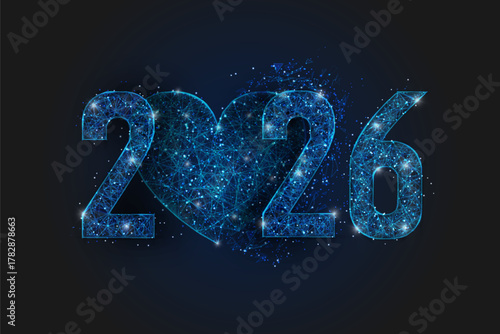 Abstract isolated blue image of new year number 2026. Polygonal low poly wireframe illustration looks like stars in the black night sky in space or flying glass shards. Digital web, internet design.