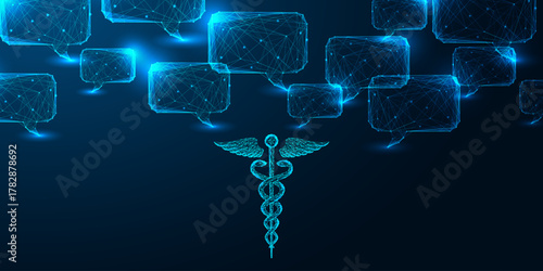 Digital healthcare and AI medicine concept with caduceus symbol and chatbot communication