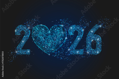Abstract isolated blue image of new year number 2026. Polygonal low poly wireframe illustration looks like stars in the black night sky in space or flying glass shards. Digital web, internet design.