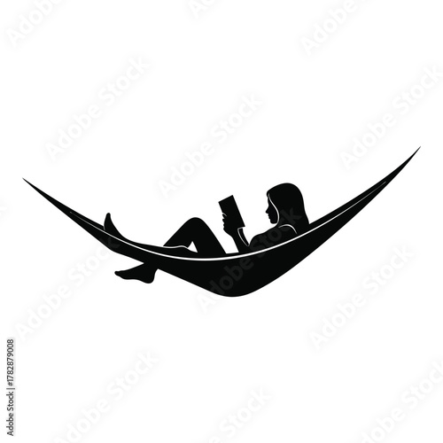 Woman Reading Book While Relaxing in Hammock Silhouette Illustration