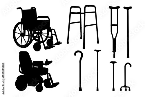 Silhouettes of mobility aids: wheelchair, walker, crutches, canes.
